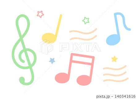 フラットなラインで描かれたパステルカラーの音符とト音記号のの音楽素材 フラットなラインで描かれたパステルカラーの音符とト音記号のの音楽素材 140341616