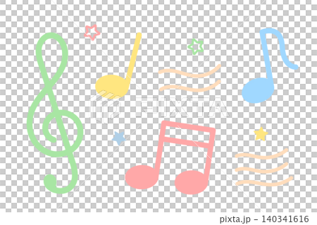 フラットなラインで描かれたパステルカラーの音符とト音記号のの音楽素材 フラットなラインで描かれたパステルカラーの音符とト音記号のの音楽素材 140341616