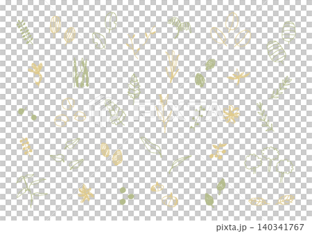 A set of natural, hand-drawn illustrations of plants such as leaves and berries (yellow and green). A set of natural, hand-drawn illustrations of plants such as leaves and berries (yellow and green). 140341767