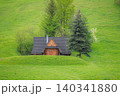 Traditional wooden mountain cabin on green hillside in Zakopane, Poland 140341880