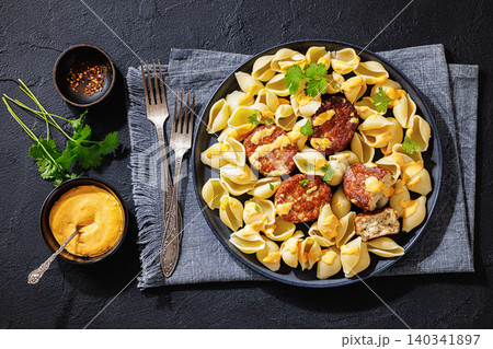 Shell Pasta And Meat Patties on a Plate Shell Pasta And Meat Patties on a Plate 140341897