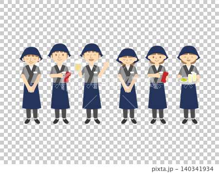 A set of six male and female izakaya (Japanese pub) staff members, posing in multiple ways. A set of six male and female izakaya (Japanese pub) staff members, posing in multiple ways. 140341934