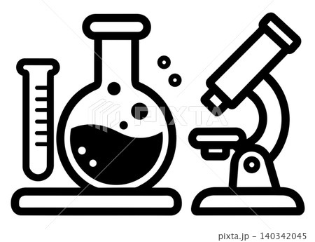 Laboratory equipment for science research, beaker flask and microscope 140342045