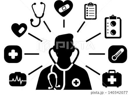 Medical professional surrounded by healthcare icons including clipboard heart and bandages Medical professional surrounded by healthcare icons including clipboard heart and bandages 140342077