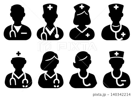 Silhouettes of doctors and nurses wearing medical uniforms isolated on white background set 140342214
