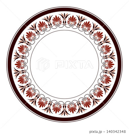 Round frames for design with Greek key, meander. Circle frame. Round frame with floral pattern. Egyptian, Assyrian, Greek motif circular frame. Template for textiles, engraving, forging, embroidery 140342348