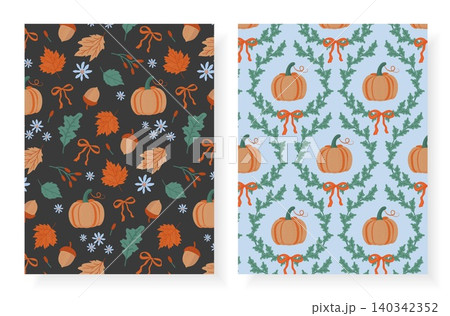 Set of two hand drawn seamless autumn patterns featuring pumpkins, oak leaves, acorns, orange bows and wildflowers on dark charcoal and soft blue backgrounds, fall harvest thanksgiving vector design Set of two hand drawn seamless autumn patterns featuring pumpkins, oak leaves, acorns, orange bows and wildflowers on dark charcoal and soft blue backgrounds, fall harvest thanksgiving vector design 140342352