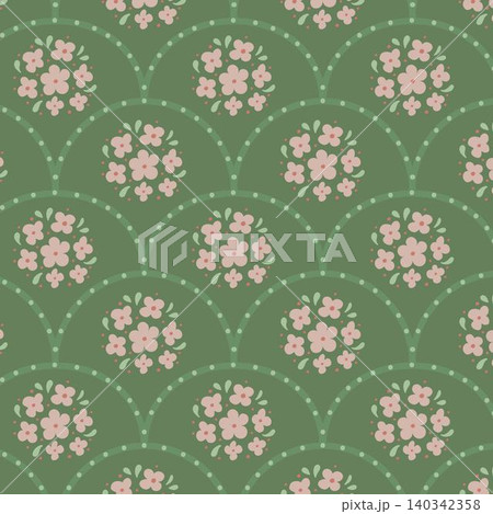Seamless floral pattern in vintage green fan arches with soft pastel blossoms, dotted accents and folk inspired decor, ideal for wrapping paper, textile, wallpaper, stationery and spring design. 140342358