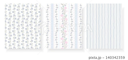 Seamless shabby chic floral pattern set with delicate vines, stripes and pastel bows in soft blue and pink, ideal for wrapping paper, textile, wallpaper, scrapbook and feminine decor. Seamless shabby chic floral pattern set with delicate vines, stripes and pastel bows in soft blue and pink, ideal for wrapping paper, textile, wallpaper, scrapbook and feminine decor. 140342359