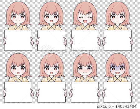 [8 facial expressions] Illustration set of a girl holding a white plate B 140342484