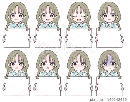 【表情8種】白いプレートを持つ女の子のイラストセット D 140342486