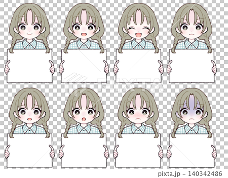 【表情8種】白いプレートを持つ女の子のイラストセット D 140342486