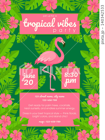 beach party poster with palm leaves and flamingo vector. beach party poster with palm leaves and flamingo vector. 140342533