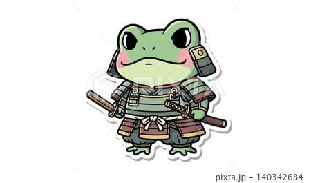 Cute green frog samurai warrior in traditional armor with katana swords japanese tradition character illustration adorable historical detailed strength 140342684