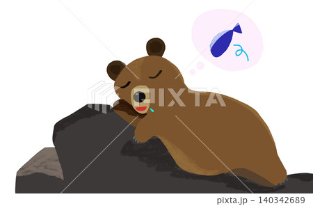 岩の上で魚の夢を見るかわいいクマのイラスト 岩の上で魚の夢を見るかわいいクマのイラスト 140342689