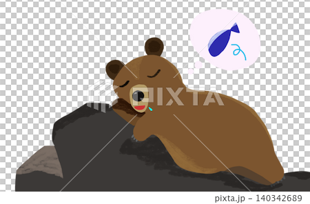 岩の上で魚の夢を見るかわいいクマのイラスト 岩の上で魚の夢を見るかわいいクマのイラスト 140342689