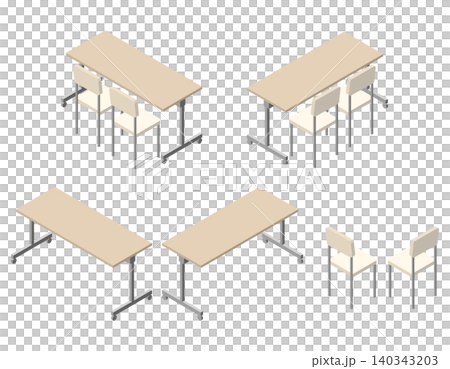Isometric illustration set of long tables and chairs for conference rooms and classrooms. 140343203