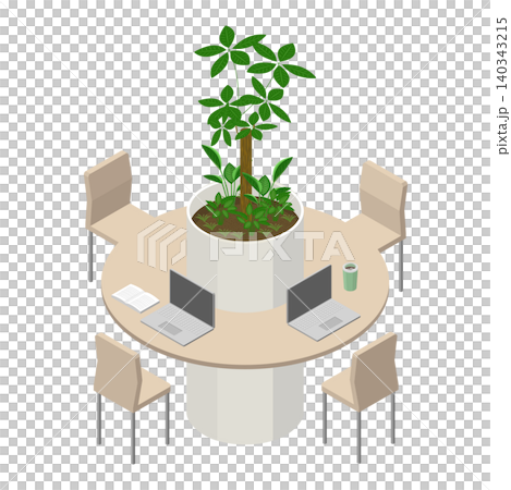 A circular office desk and chair with greenery in the center. A circular office desk and chair with greenery in the center. 140343215