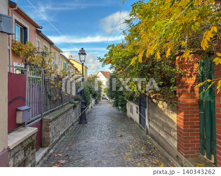 Mouzaia cobblestone alley with brick houses in Paris 19th France 140343262
