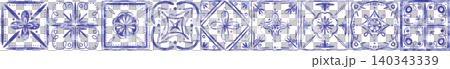 Seamless border of traditional Portuguese azulejo tiles.The design consists of various blue and white hand-drawn floral and geometric motifs. Mediterranean, Portuguese and Spanish ceramic traditions. Seamless border of traditional Portuguese azulejo tiles.The design consists of various blue and white hand-drawn floral and geometric motifs. Mediterranean, Portuguese and Spanish ceramic traditions. 140343339