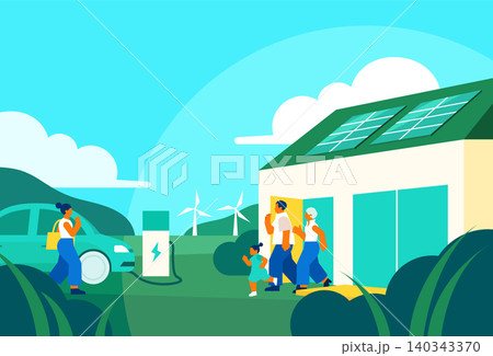 太陽光発電の家と電気自動車のある生活を楽しむ多様な家族のイラスト 太陽光発電の家と電気自動車のある生活を楽しむ多様な家族のイラスト 140343370