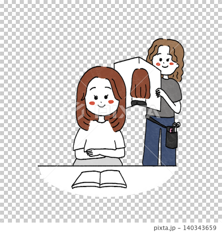 插圖描繪了一位女士在美容院剪頭髮的場景。 插圖描繪了一位女士在美容院剪頭髮的場景。 140343659