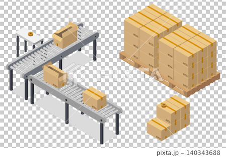 Background material featuring a factory conveyor belt and cardboard boxes stacked on pallets. Background material featuring a factory conveyor belt and cardboard boxes stacked on pallets. 140343688