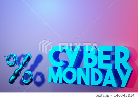 A 3D render shows large blue text reading Cyber Monday. The background has soft purple and blue colors. There are visual elements related to discount symbols nearby 140343814