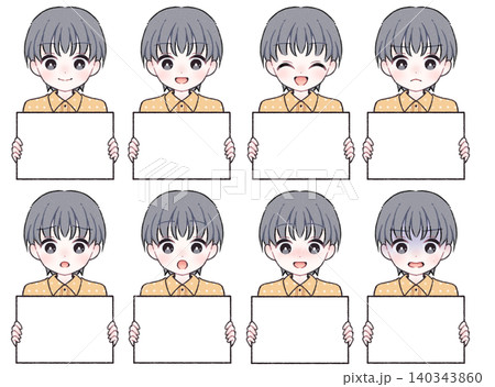 【表情8種】白いプレートを持つ男の子のイラストセット E 140343860