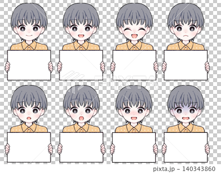 [8 facial expressions] Illustration set of a boy holding a white plate E 140343860