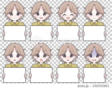 [8種面部表情] 男孩手持白色盤子的插圖 A 140343861