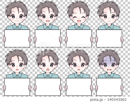 [8種面部表情] 男孩手持白色盤子的插圖集 B 140343862