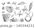 Tropical summer vacation ink sketch vector elements set. Hand drawn isolated outline monstera, hibiscus, straw bag, hat, jug and lemon for beach resort resort brand identity and product packaging 140344231