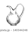 Clay jug ink sketch vector isolated illustration. Hand drawn monochrome outline ceramic pitcher with handle for Mediterranean wine menu, organic olive oil label and rustic kitchen design 140344248