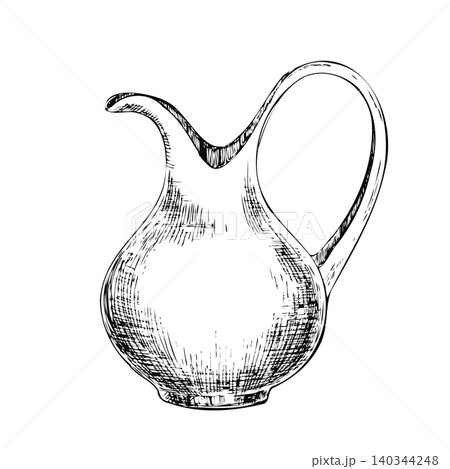 Clay jug ink sketch vector isolated illustration. Hand drawn monochrome outline ceramic pitcher with handle for Mediterranean wine menu, organic olive oil label and rustic kitchen design Clay jug ink sketch vector isolated illustration. Hand drawn monochrome outline ceramic pitcher with handle for Mediterranean wine menu, organic olive oil label and rustic kitchen design 140344248