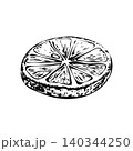 Lemon slice ink sketch vector isolated illustration. Hand drawn monochrome outline citrus cut round fruit piece for cocktail bar menu design, summer beverage label and herbal tea packaging 140344250