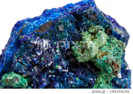 Macro mineral stone malachite with azurite on white background Macro mineral stone malachite with azurite on white background 140344292