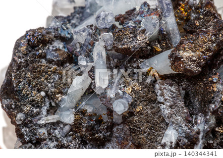 Macro mineral stone Drusus quartz with sphalerite in the rock a white background Macro mineral stone Drusus quartz with sphalerite in the rock a white background 140344341