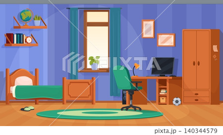 Teen boy bedroom interior. Teenager room with bed, computer zone for game and study, cabinet. Cartoon young boys zone for life and hobby, sapid vector scene Teen boy bedroom interior. Teenager room with bed, computer zone for game and study, cabinet. Cartoon young boys zone for life and hobby, sapid vector scene 140344579