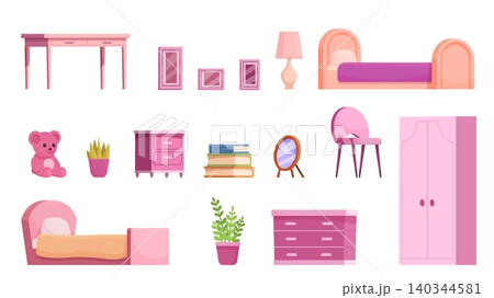 Girl bedroom interior furniture. Study desk, bed, glamour chair and cabinet. Sweet pink little princess room accessories, toys, books, sapid vector clipart Girl bedroom interior furniture. Study desk, bed, glamour chair and cabinet. Sweet pink little princess room accessories, toys, books, sapid vector clipart 140344581