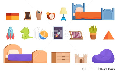 Cartoon kids bedroom furniture. Children bed and toys, different room design accessories and hobby and play objects. Toddler interior sapid vector elements 140344585