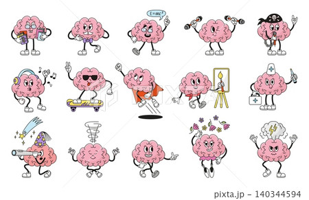 Funny retro brains. Groovy mind characters painting, training, study, listen music, reading. Funny brain different poses and emotions, neoteric vector clipart Funny retro brains. Groovy mind characters painting, training, study, listen music, reading. Funny brain different poses and emotions, neoteric vector clipart 140344594
