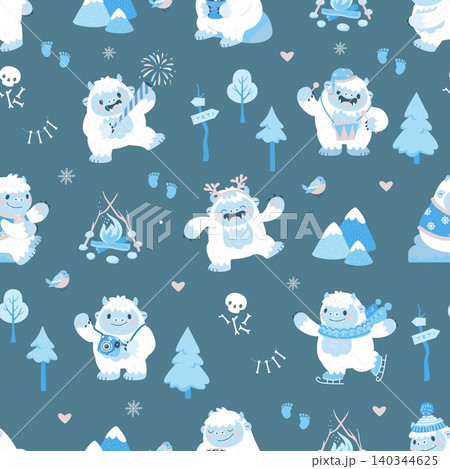 Cartoon yeti seamless pattern. Winter print with funny bigfoot characters, fluffy joyful yeti. Childish style design for fabric, wrapping, nowaday vector background Cartoon yeti seamless pattern. Winter print with funny bigfoot characters, fluffy joyful yeti. Childish style design for fabric, wrapping, nowaday vector background 140344625