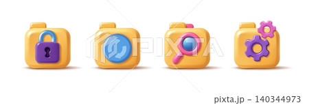 3d folder actions. Cartoon render organizers, yellow computer folders with padlock, magnifying glass, gears and arrows button, digital data management, file security symbols vector render set 140344973