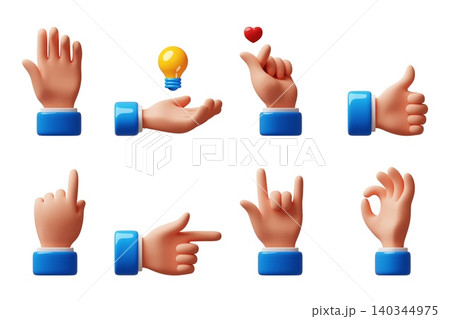 Cartoon 3d hands gestures. Various communication finger positions, body language, soft style human arms, expressive signs, like, ok, love and idea symbols design classy vector render set 140344975