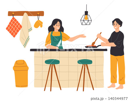 Couple cooking in kitchen. Home meal preparation with frying pan at kitchen, domestic teamwork, food making and everyday household routine. Happy family together. Vector cartoon illustration Couple cooking in kitchen. Home meal preparation with frying pan at kitchen, domestic teamwork, food making and everyday household routine. Happy family together. Vector cartoon illustration 140344977