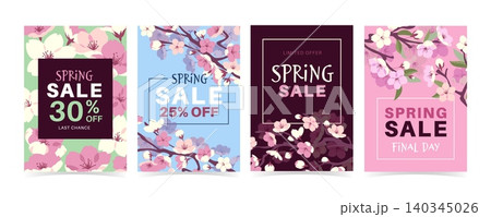 Sakura flowers banners. Spring sale floral cards, cherry blossom sprigs, beautiful blooming japanese plant, pink petals, botanical promotional poster design, tidy vector backgrounds set 140345026