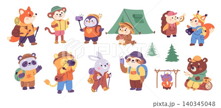 Animals hiking. Cute dressed forest characters, cartoon fauna travellers, outdoor exploration, camping elements, supplies, woodland adventure, tent and campfire, garish vector set Animals hiking. Cute dressed forest characters, cartoon fauna travellers, outdoor exploration, camping elements, supplies, woodland adventure, tent and campfire, garish vector set 140345048