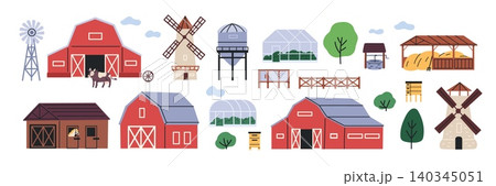 Cartoon farm buildings. Rural domestic outbuildings, village wooden architecture, barn, mill, cattle pen, greenhouse, windmills and greenhouse, decorative design elements garish vector set 140345051