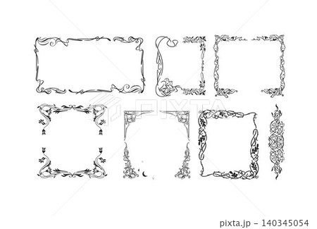 Hand drawn vector abstract outline,graphic,line vintage celebration ornament art nouveau frames set in drawing elegant style.Elegant decoration vintage outline design isolated. Floral ornament border 140345054